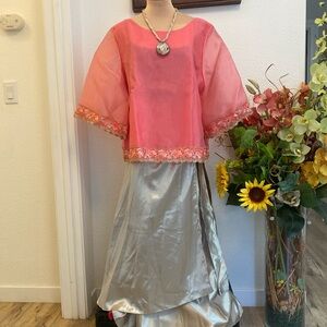 Pink and Silver 3XL Kimono Top w/ Embroidery Floral Design w/ Wrap Around Skirt
